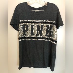 Victoria’s Secret “PINK” sequins tee shirt, gray and silver- large VERY SPARKLY
